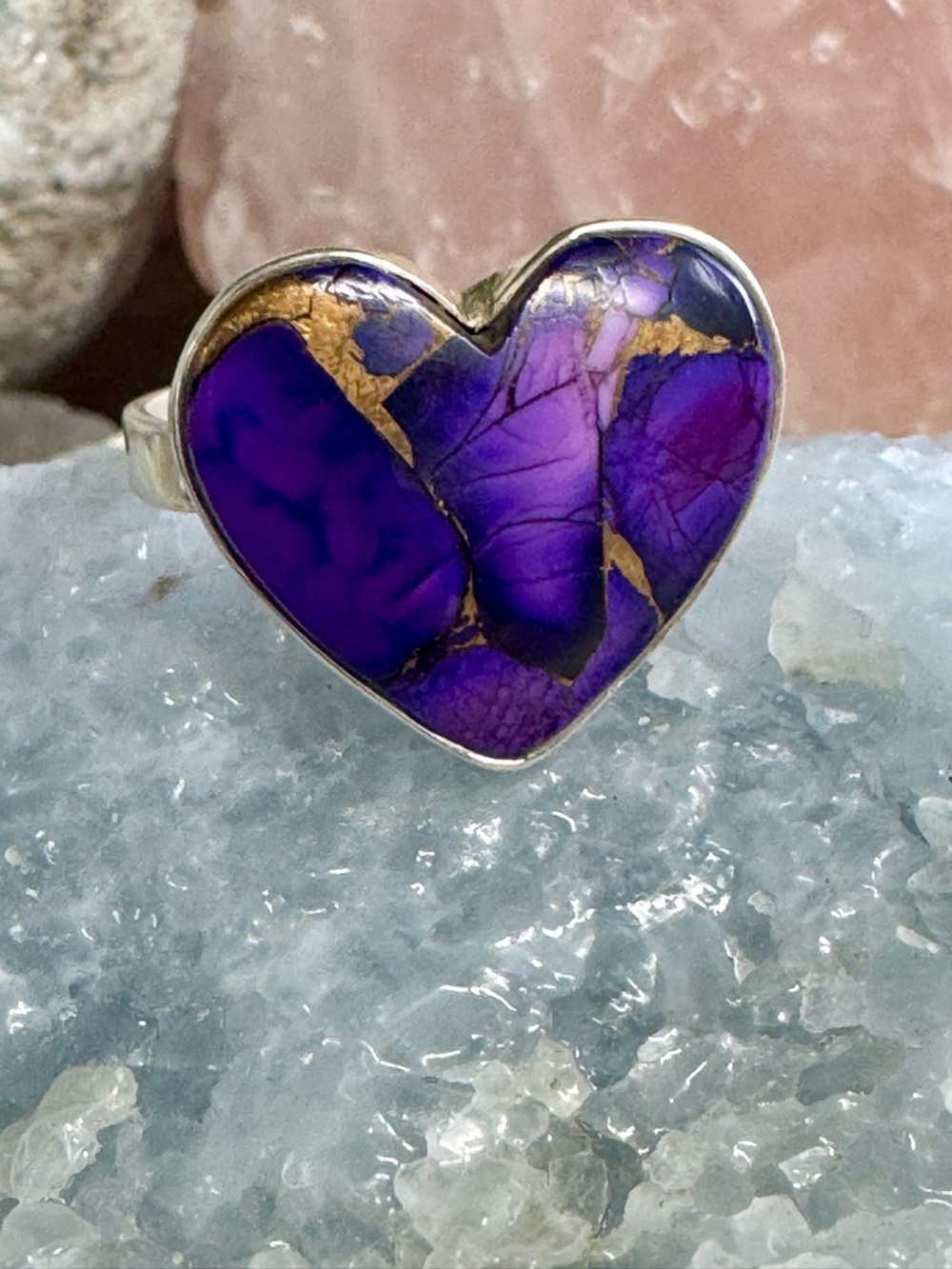 Grape Turquoise Dahlia Sterling Silver Heart Ring - Southwestern Style - Size 9